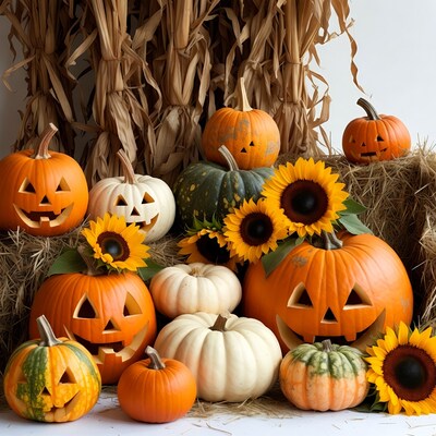 Halloween Pumpkins with Sunflowers and Hay