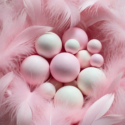 Pink and white eggs in pink feathers