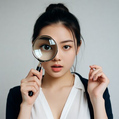 Asian woman holding magnifying glass