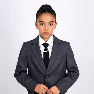Girl in gray suit with pearl necklace