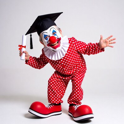 Clown holding graduation diploma