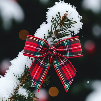 Red Plaid Bow on Snowy Christmas Branch