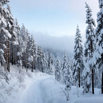 Snowy Path Through Forest Trees