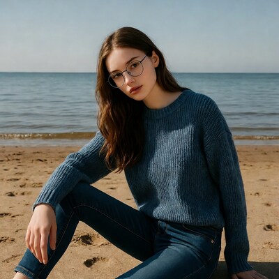 Woman in glasses sitting on beach
