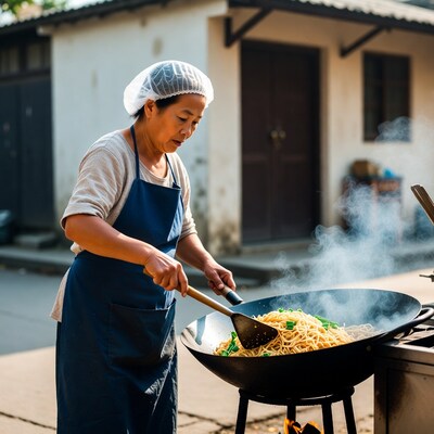 Asian woman stir-frying noodles wok
