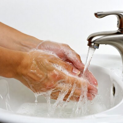 Woman washing hands under faucet