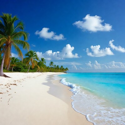 Tropical beach with palm trees and turquoise ocean