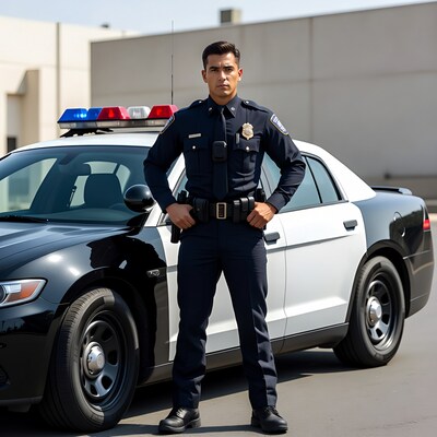 Latino police officer standing by patrol car