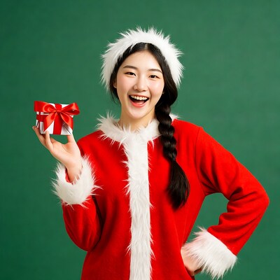 Asian woman in Santa costume holding gift