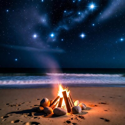Beach Bonfire Under Starry Sky