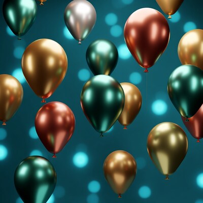 Metallic Balloons Floating on Blue Bokeh