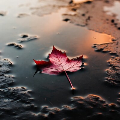 Red Maple Leaf in Puddle