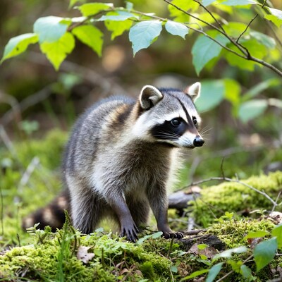 Raccoon sitting in green forest