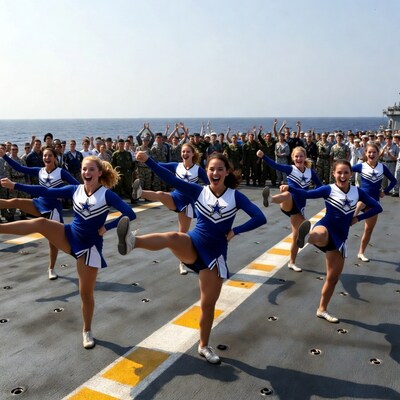 Cheerleaders performing on aircraft carrier