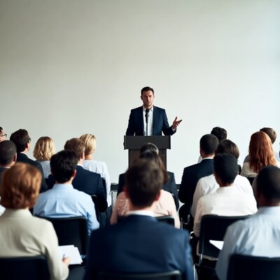 Man speaking at podium to audience