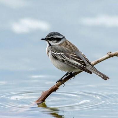 Warbling Vireo on branch over water