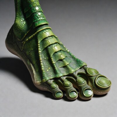 Green dinosaur foot sculpture