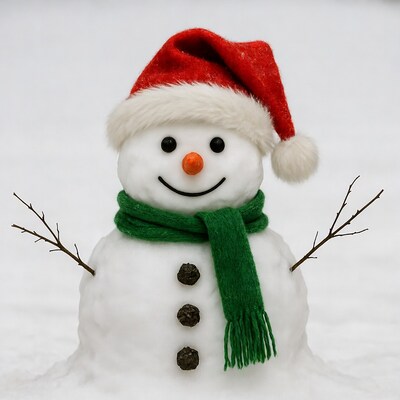 Snowman with red hat and green scarf