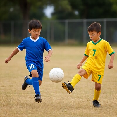 Asian boys playing soccer on field