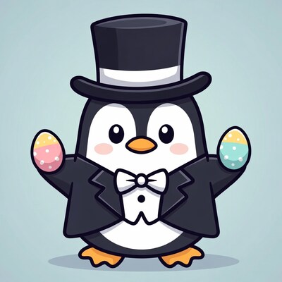 Tuxedo Penguin Holding Easter Eggs