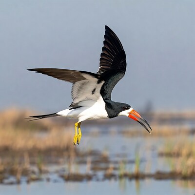 Black Skimmer Flying over Marsh
