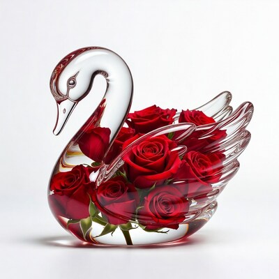 Glass swan holding red roses