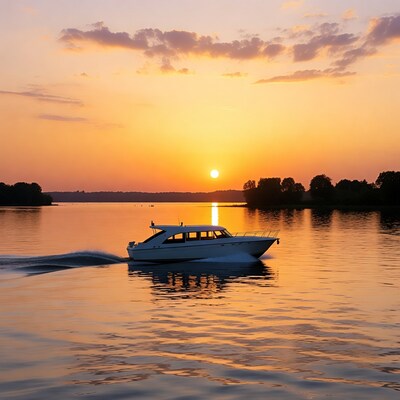 White yacht cruising river at sunset
