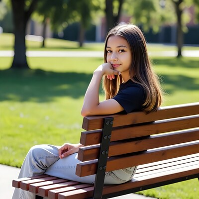 Asian girl smiling on park bench