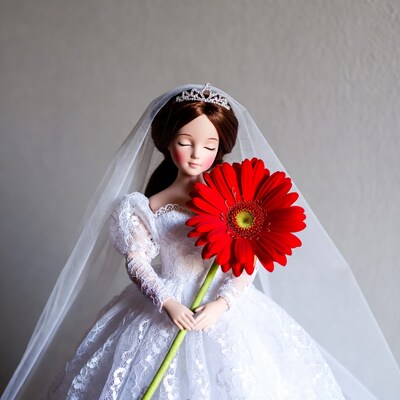 Bride doll holding red gerbera daisy