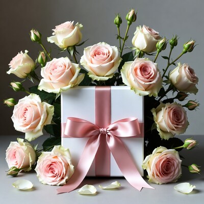 Pink roses around white gift box