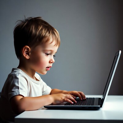 Toddler boy typing on laptop