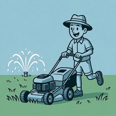 Cartoon man mowing lawn near sprinkler