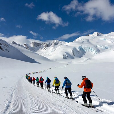 Group of skiers on snowy mountain trail