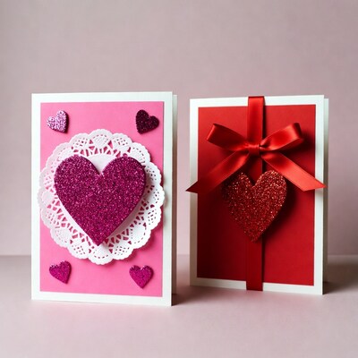 Pink and Red Glitter Heart Cards