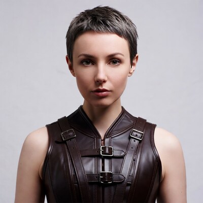 Woman in brown leather harness top
