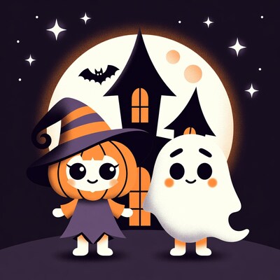 Cute Witch Girl and Ghost Halloween