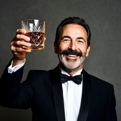 Man toasting whiskey glass in tuxedo