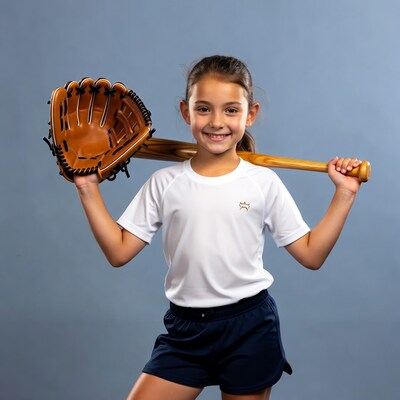 Girl holding baseball glove and bat