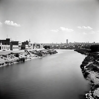 Vintage Black and White River Cityscape