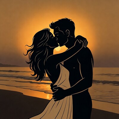 Silhouette couple kissing at sunset beach