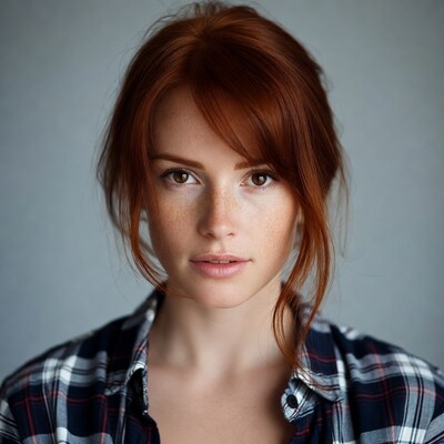 Redhead woman with freckles in plaid shirt