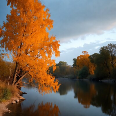 Bright orange tree by river reflection