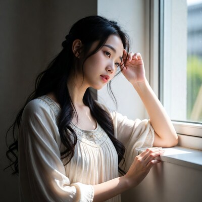 Asian woman leaning on windowsill
