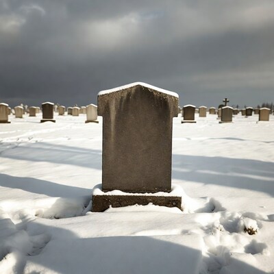 Snowy Grave Stone in Cemetery