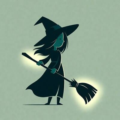Cartoon girl witch sweeping broom