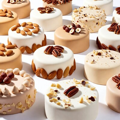 Cakes topped with almonds and pecans