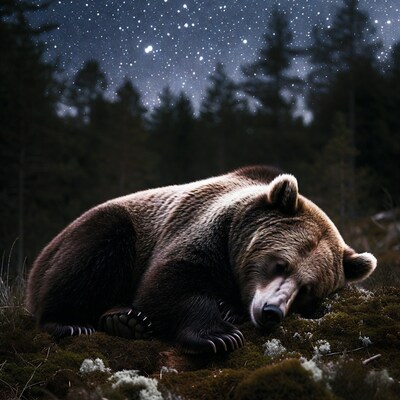 Sleeping grizzly bear under starry sky