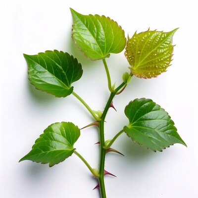 Green serrated leaves on thorny stem
