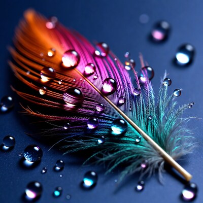 Colorful Feather with Water Droplets