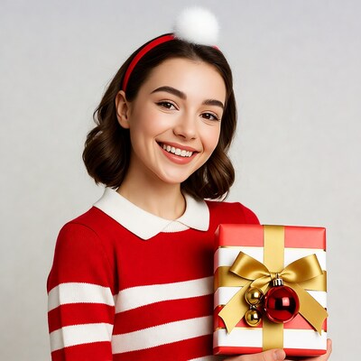 Smiling woman holding Christmas gift